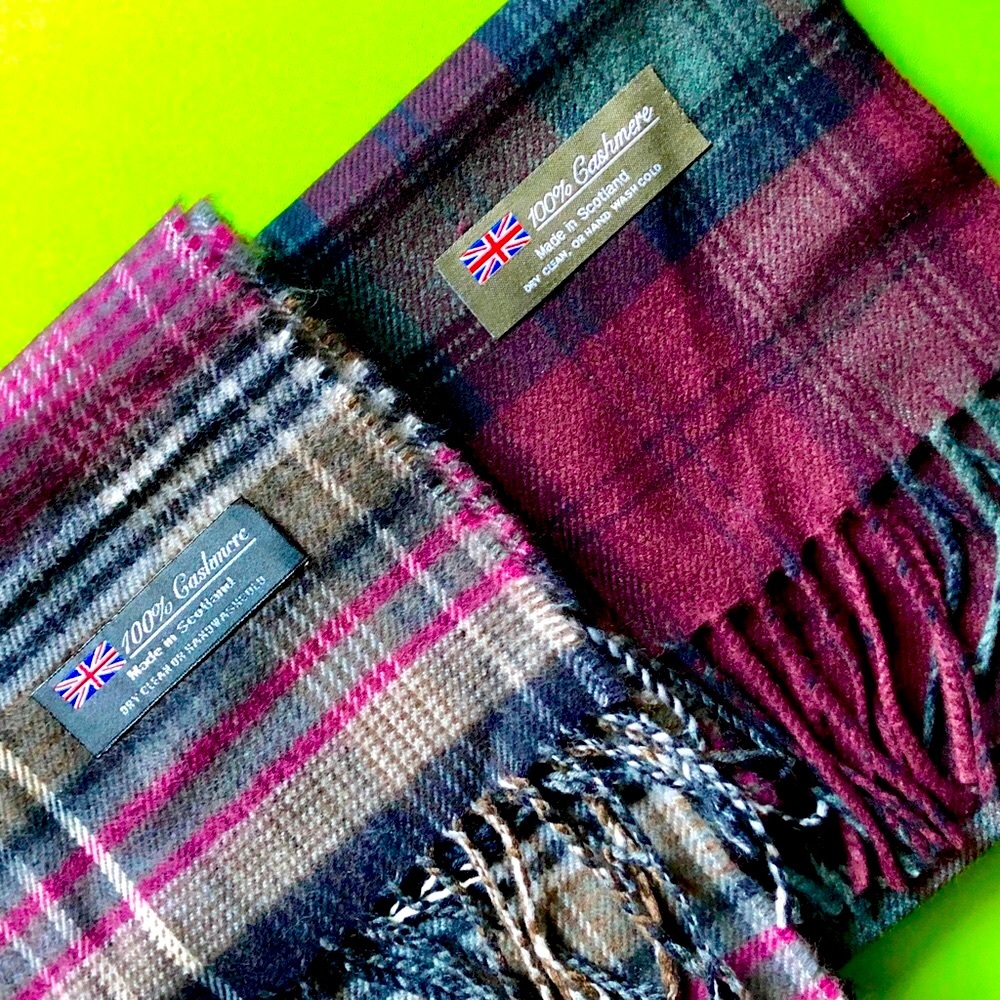 SOLD!! 100% Cashmere Scarves Bundle: Black/Maroon Plaid & Black/Blue/Purple